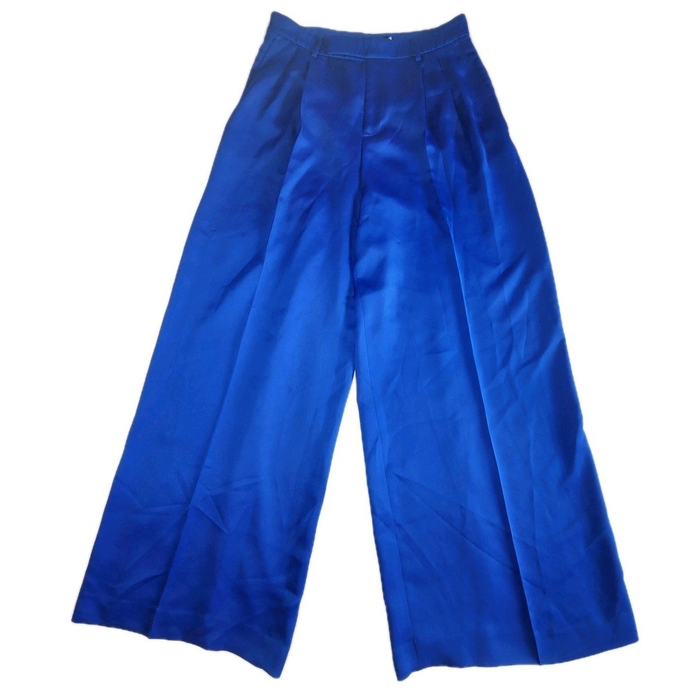 RALPH LAUREN Pleated Satin Crepe Wide Leg Pants Womens 8 Blue Black Label